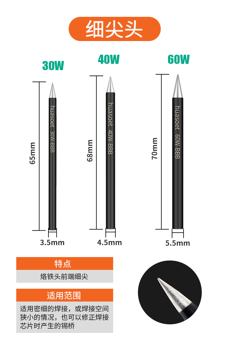 黑金刚电烙铁头电子焊接维修无铅30W40瓦60W外热式尖头烙铁头咀嘴