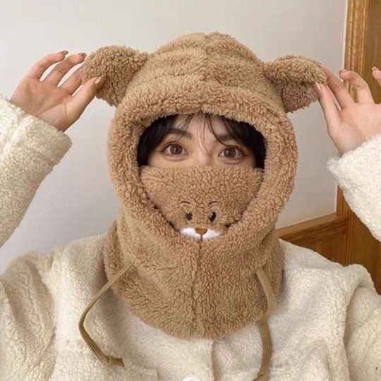 Bear hat winter cute scarf mask hooded women's windproof and warm all-in-one ear protection hat winter plush scarf