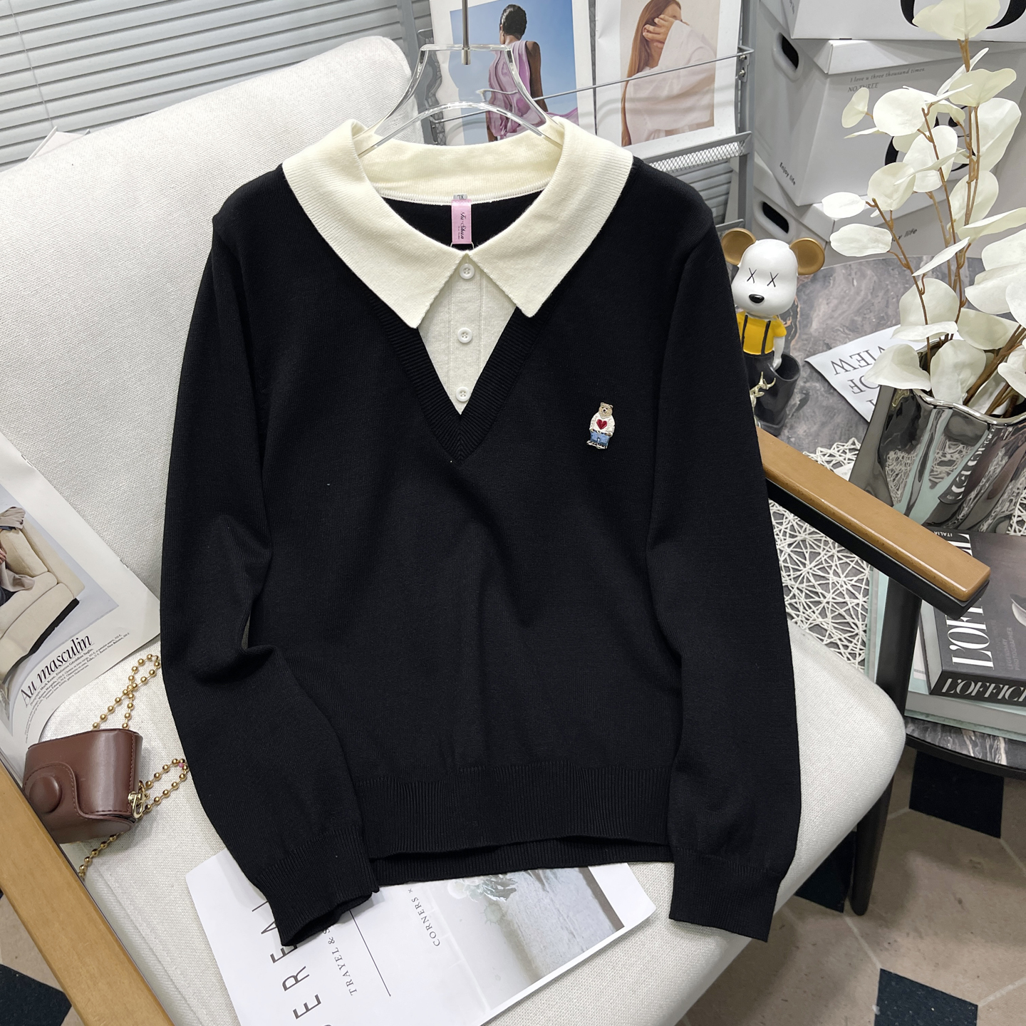 胡子叔大码女装秋季新款polo领假两件针织衫胖mm遮肚显瘦内搭毛衣 - 图0