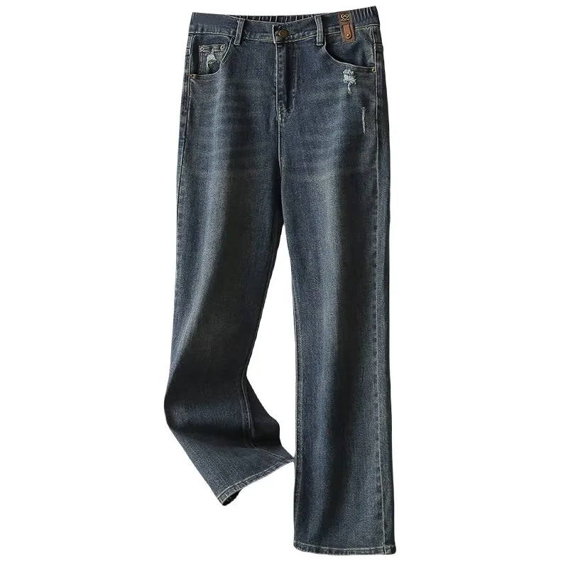 胡子叔大码女装高腰牛仔裤春秋季胖mm弹力休闲减龄直筒裤烟管裤子 - 图3