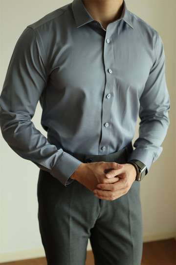 YUXIAN余闲丝绸微弹抗皱免烫长袖衬衫男士商务休闲纯色正装绅士