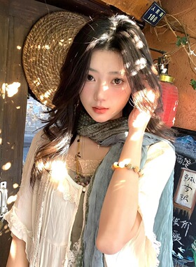 复古碎花棉麻手感丝巾春秋旅游穿搭新款日系文艺褶皱围巾高级披肩