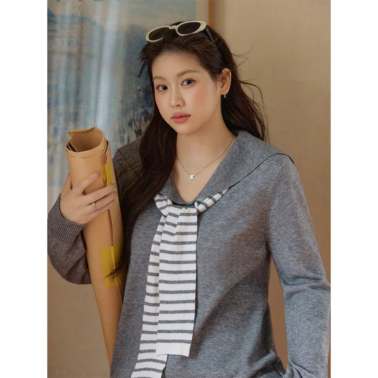 潘不卷大码女装韩系灰色条纹披肩内搭打底针织衫秋微胖mm显瘦上衣,淘宝优惠券,粉丝福利购,淘宝优惠卷