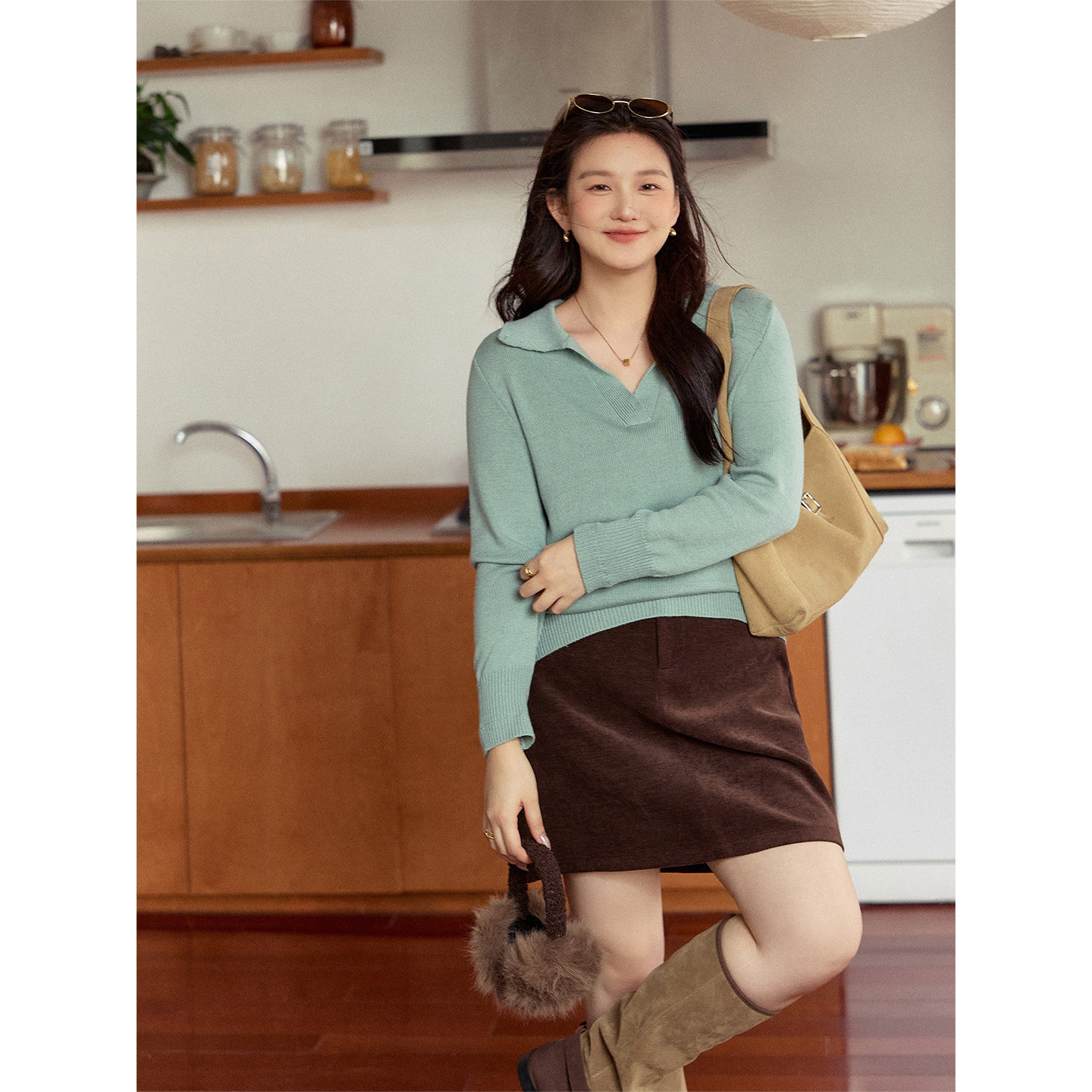 潘不卷大码女装胖mm老钱风polo领针织衫女慵懒休闲v领长袖上衣冬,淘宝优惠券,粉丝福利购,淘宝优惠卷