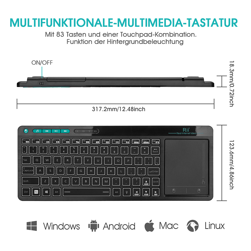 Rii K18S 2.4G+4.0蓝牙无线键盘，带触摸板Multimdeia RGB背光键-图0