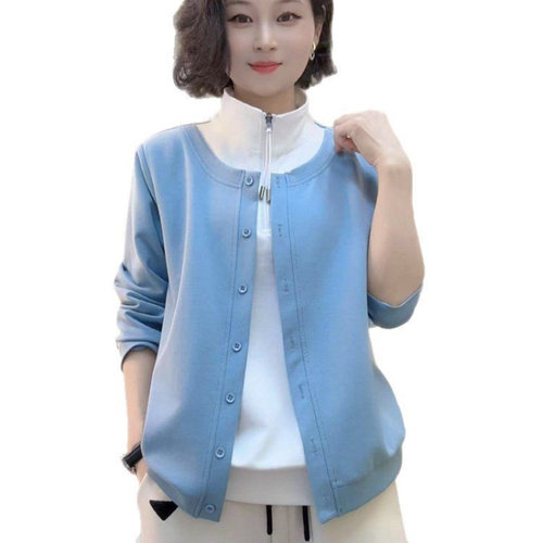 正品原版2026春季新款拼接假两件半拉链立领长袖t恤女士显瘦上衣 - 图3