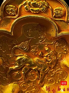 唐朝金器摆件纯铜鎏金大唐贞观狮子花边茶托茶碟铜盘居家风水镇宅