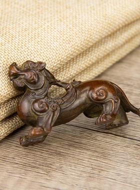 古玩铜器收藏瑞兽貔貅摆件实心独角兽茶宠茶玩茶道茶艺装饰摆件
