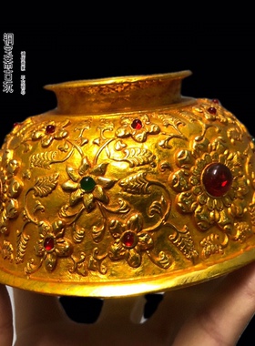 古玩收藏纯铜镀金铜器唐代海兽纹花卉纯手工镶宝石鎏金碗仿古摆件