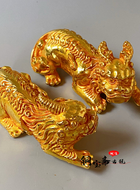 古玩铜器镀金招财貔貅公母一对男女随身把玩文玩镇尺压纸茶宠摆件