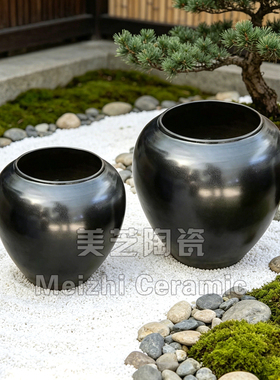 酒店黑色流水罐粗陶罐插花器复古陶瓷花瓶黑色大肚缸户外大号花盆