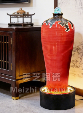 酒店红色美人瓶流水生财摆件花瓶式加湿器客厅水系喷泉陶罐涌泉缸