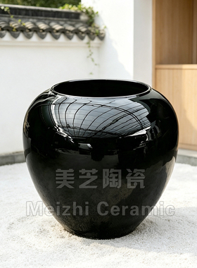 亮黑色大号陶罐插花器陶瓷大花瓶