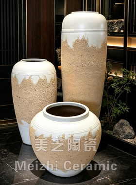 景德镇复古粗陶落地超大花瓶家居店矮胖花缸禅意干枝陶罐做旧花盆