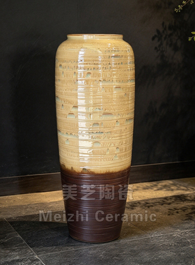 大型室内装饰大花瓶米黄色陶罐插花器大口径花盆仿真花仿真花坛子