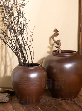 大型花缸棕色超大罐子复古陶罐花瓶仿真花插花摆件干枝陶缸种树盆