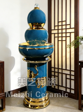 红色流水摆件循环水系花瓶加湿器美人瓶流水器陶瓷喷泉陶罐涌水缸