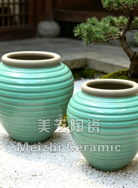 美容院浅绿色陶瓷花盆高温颜色釉陶罐大花器超大花缸酒店大号花瓶