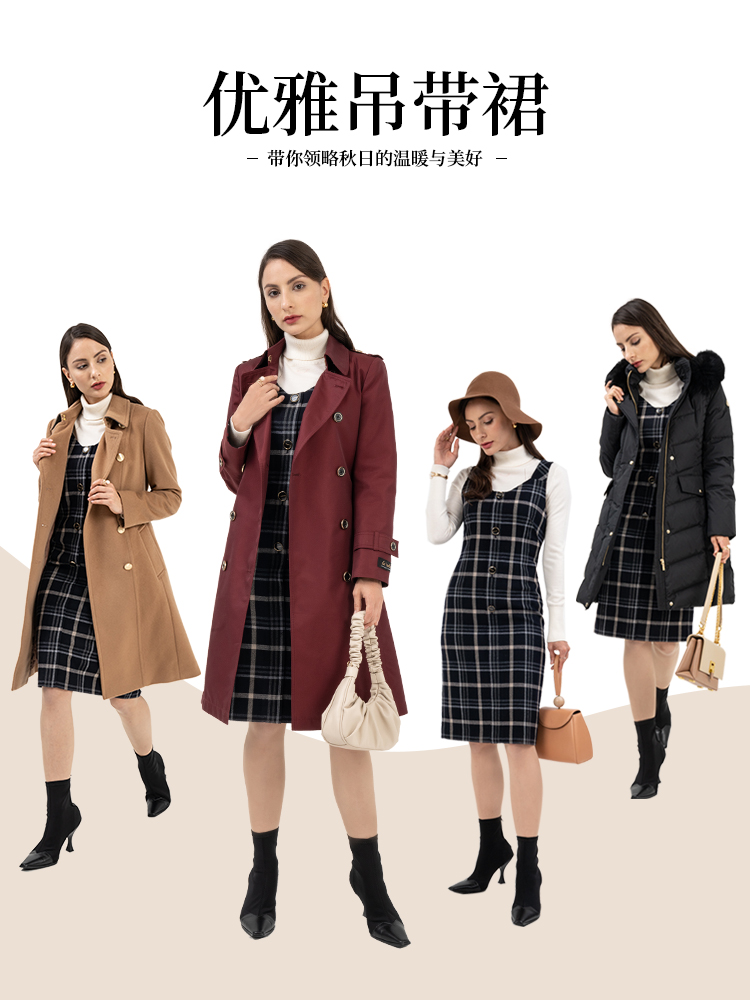 SCOFIELD女装春夏季休闲时尚通勤简约复古休闲格纹连衣裙中裙女