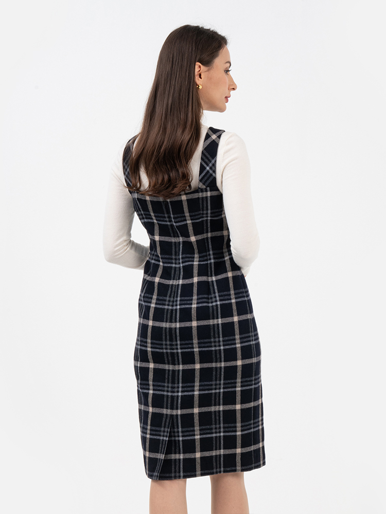 SCOFIELD女装春夏季休闲时尚通勤简约复古休闲格纹连衣裙中裙女