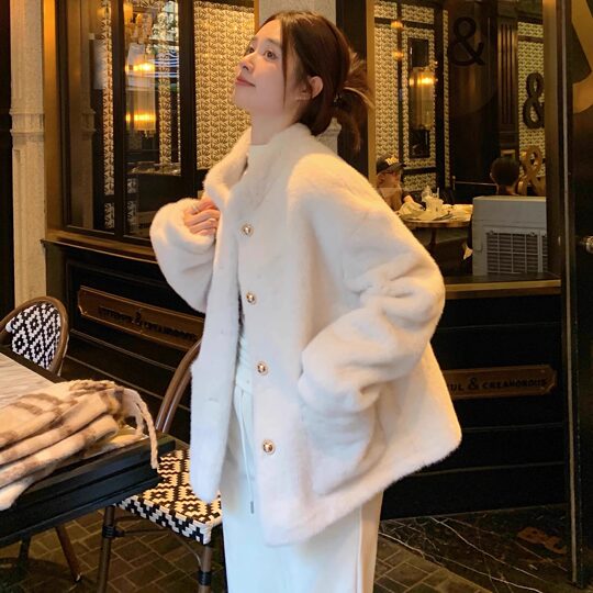 Korean style loose mink plush short stand collar jacket for women