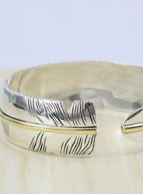 日本朋克风宽面纯银羽毛开口手环