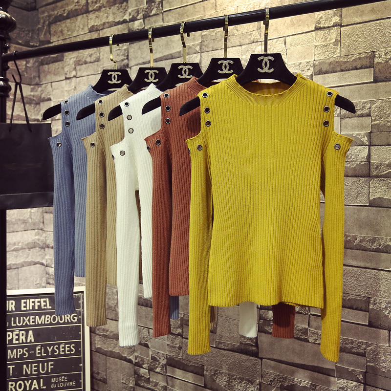 秋冬新款ins洋气露肩针织衫女装套头修身打底衫短款甜辣上衣毛衣 - 图2