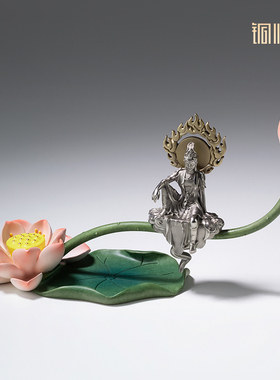 铜师傅黄铜莲花自在观音摆件