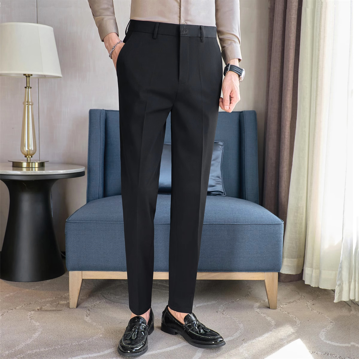 黑色西裤男秋冬加绒九分裤修身小脚长裤免烫抗皱休闲正装西装裤,淘宝优惠券,粉丝福利购,淘宝优惠卷