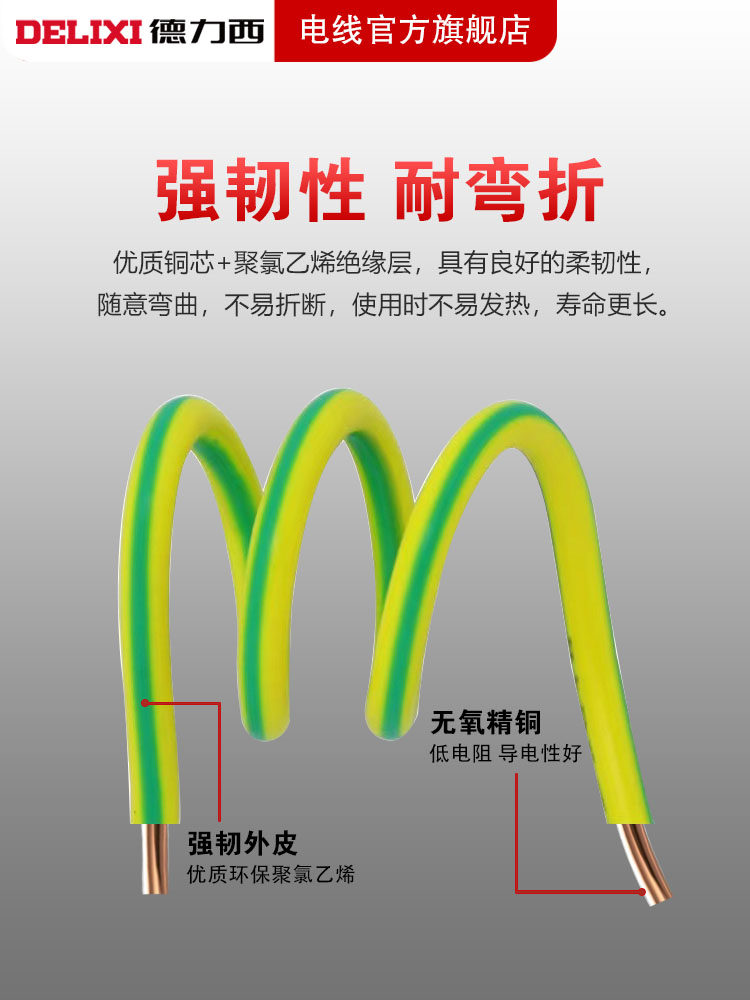 德力西2.5/1.5/4/6平方铜芯电线国标光伏接地线纯铜线家装线双色-图0