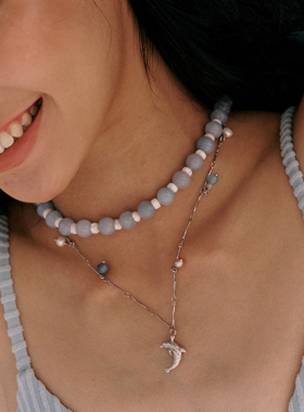 A Ray of Sunlight 自由岛屿海豚系列珍珠海蓝宝吊坠项链叠戴百搭