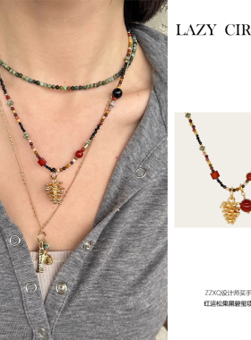 LAZY CIRCLES原创设计红运松果黑碧玺项链好运松果礼物天然石项链