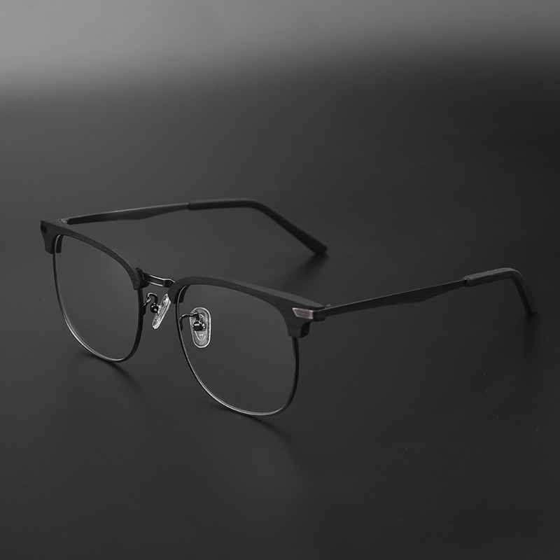 木川半框眼镜男款黑框镜架眉线女平光大脸复古木纹眉毛近视眼睛架 - 图0