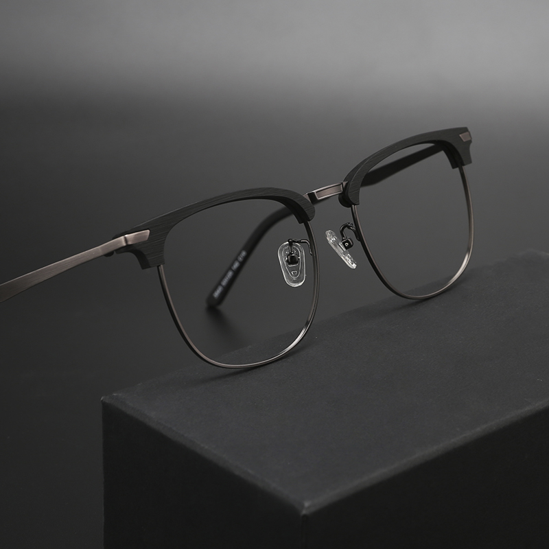 木川半框眼镜男款黑框镜架眉线女平光大脸复古木纹眉毛近视眼睛架 - 图2