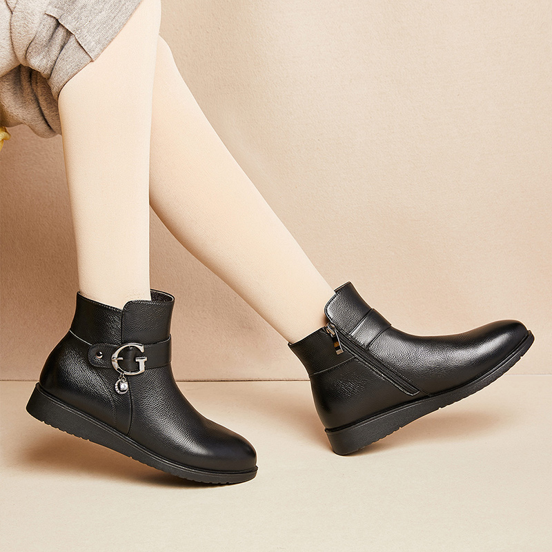 康奈女鞋冬季真皮短靴平底轻软底舒适加绒保暖棉靴中老年人妈妈鞋,淘宝优惠券,粉丝福利购,淘宝优惠卷