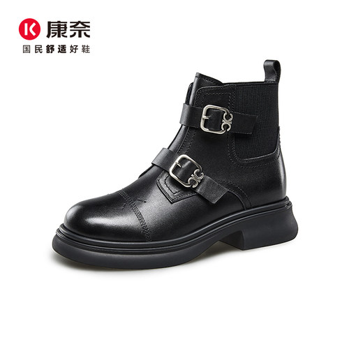 康奈女鞋冬季马丁靴复古简约皮带搭扣大筒皮骑士靴时装靴 - 图0