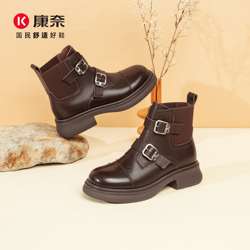 康奈女鞋冬季马丁靴复古简约皮带搭扣大筒皮骑士靴时装靴 - 图3