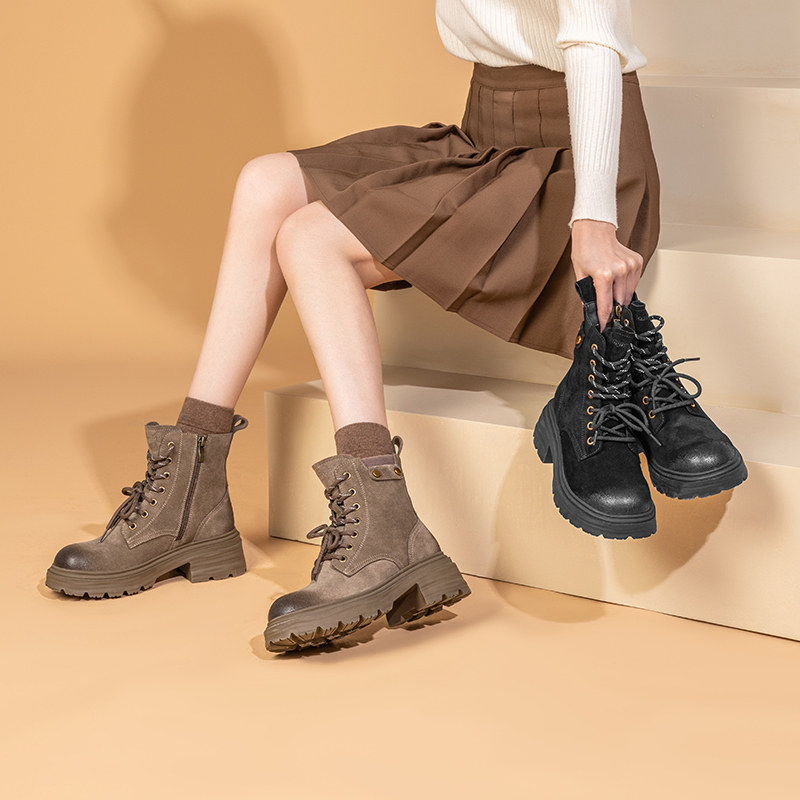 康奈女鞋冬季厚底马丁靴粗跟短靴英伦风复古磨砂皮休闲靴,淘宝优惠券,粉丝福利购,淘宝优惠卷