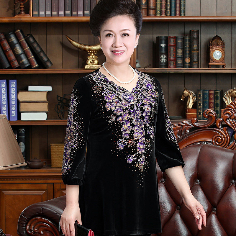 春秋高贵金丝绒紫绣花宽松洋气t恤 一品奴服饰中老年女装