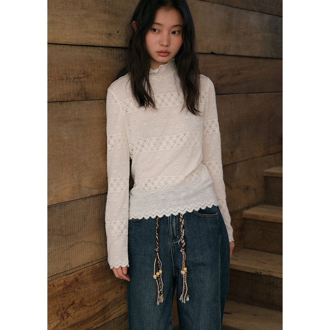 BLUEerror 修身蕾丝高领花边白色打底衫女叠穿内搭显瘦长袖T恤冬,淘宝优惠券,粉丝福利购,淘宝优惠卷