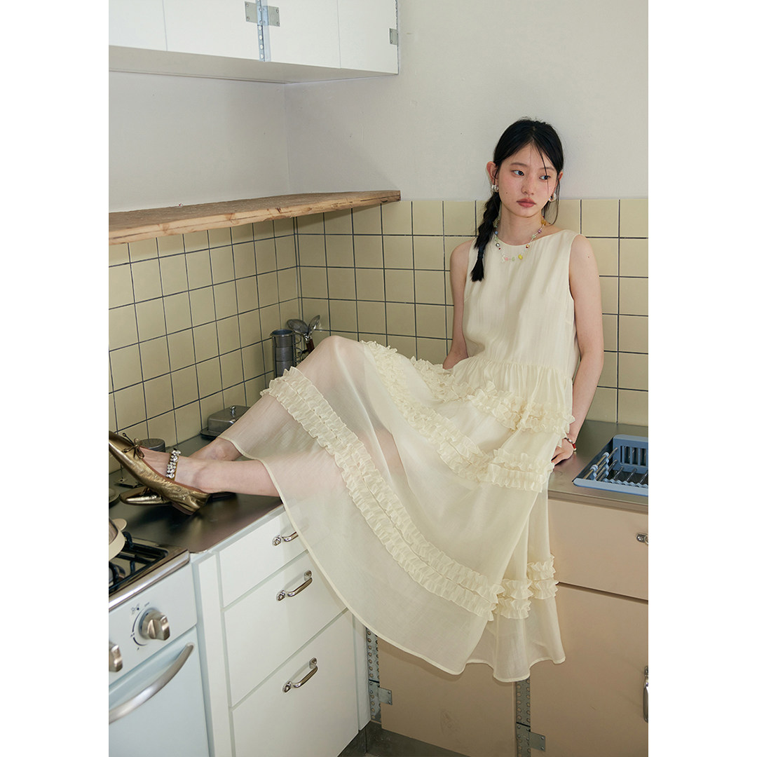 BLUEerror 多层花边纱感蓝色圆领背心连衣裙女长款无袖花苞长裙夏,淘宝优惠券,粉丝福利购,淘宝优惠卷