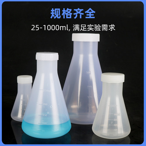 实验室塑料三角烧瓶锥形瓶50 100 125 250 500 1000ml 带盖子螺口塑料量瓶直口摇瓶PP聚丙烯耐高温加厚带刻度 - 图0