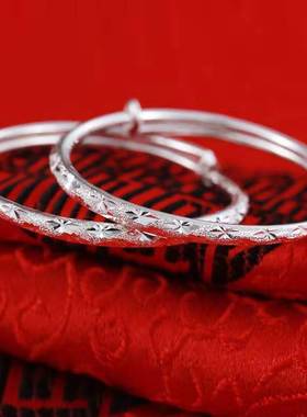 999纯银手镯女公主铃铛凯蒂猫儿童小孩宝宝实心推拉光面婴儿镯子