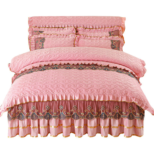 Juego de colcha estilo faldón de cuatro piezas con terciopelo cristal que no se decolora