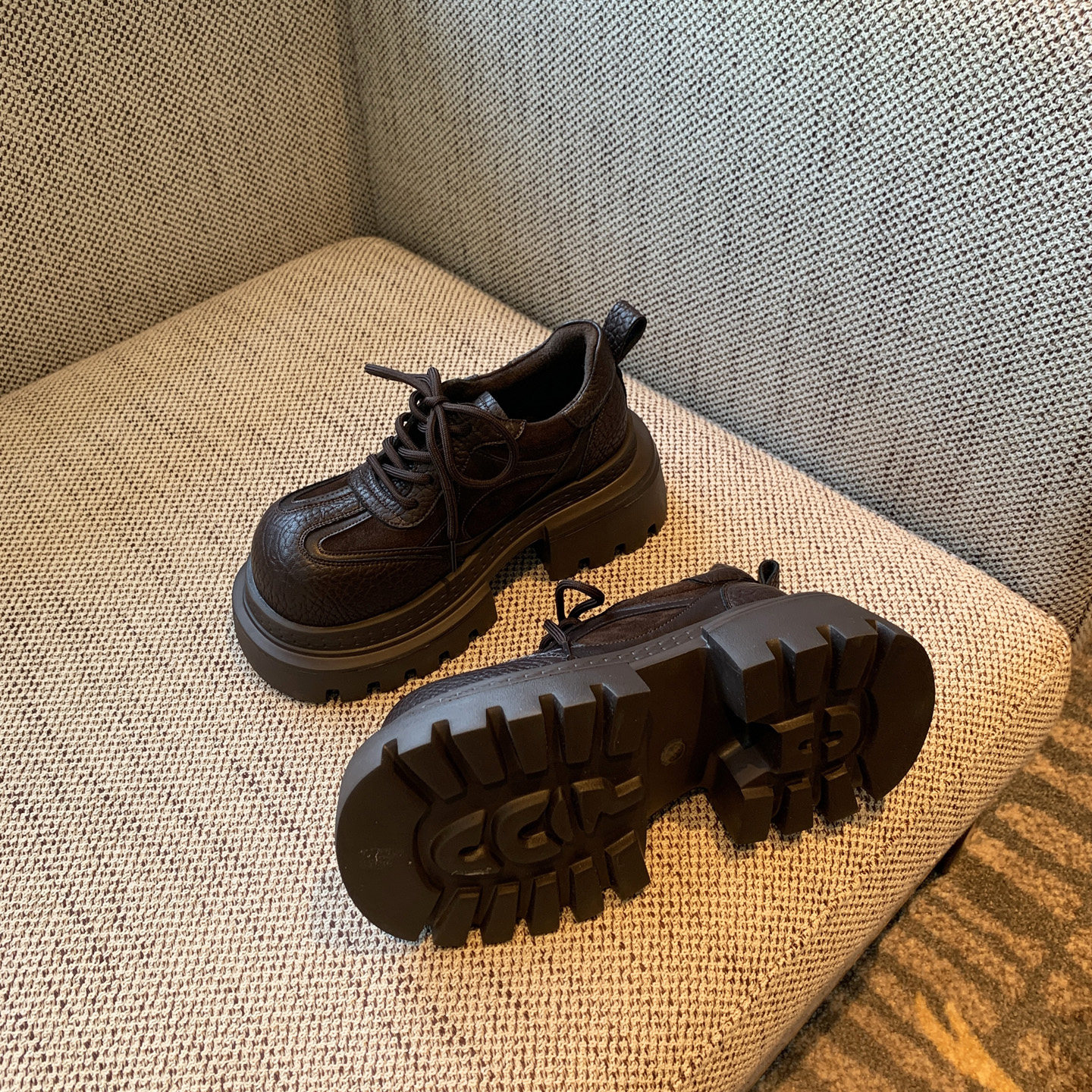 【TFM】英伦风厚底乐福鞋女真皮系带休闲单鞋增高百搭复古小皮鞋,淘宝优惠券,粉丝福利购,淘宝优惠卷