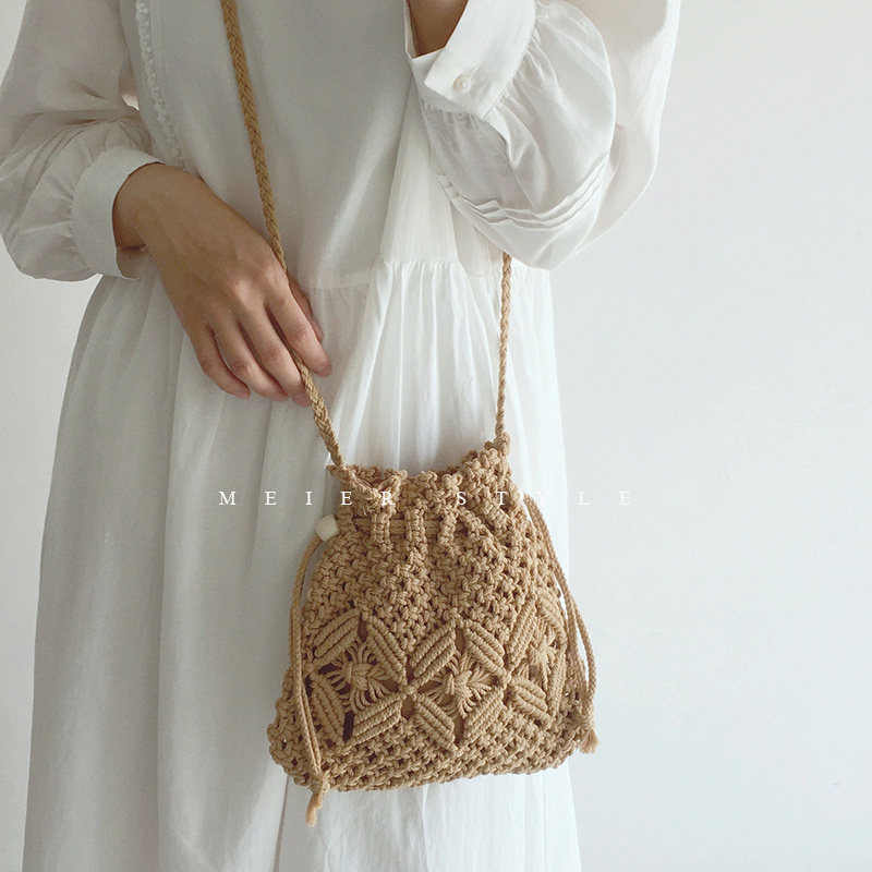 森系小清新编织毛线包镂空水桶包ins休闲百搭斜挎小包度假沙滩包,淘宝优惠券,粉丝福利购,淘宝优惠卷