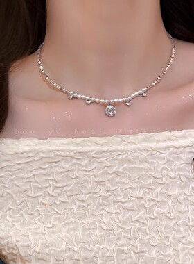 超闪！碎银子珍珠锆石吊坠项链女款小众精致锁骨链复古高级感配饰