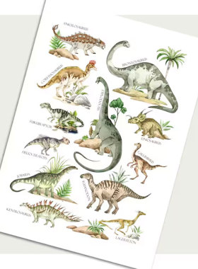 恐龙A-Z手绘动物图鉴海报 侏罗纪生物男孩墙画儿童房幼儿园装饰画