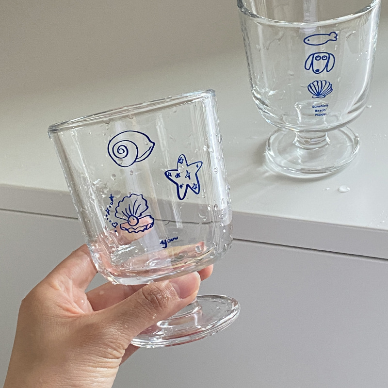 自制中古ins海洋贝壳修勾高脚杯法式浪漫甜品杯小众简约牛奶杯子 - 图0