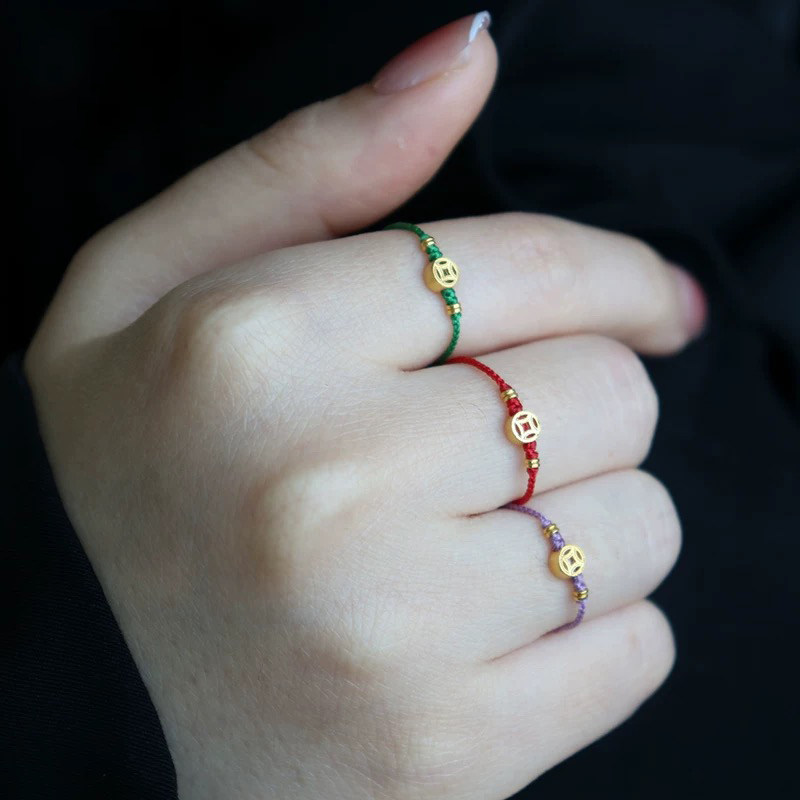999 Pure Gold Copper Coin Ring Women's Fine Model Zodiac Year Red Rope Ring Women's Extremely Fine Braided Rope Ring